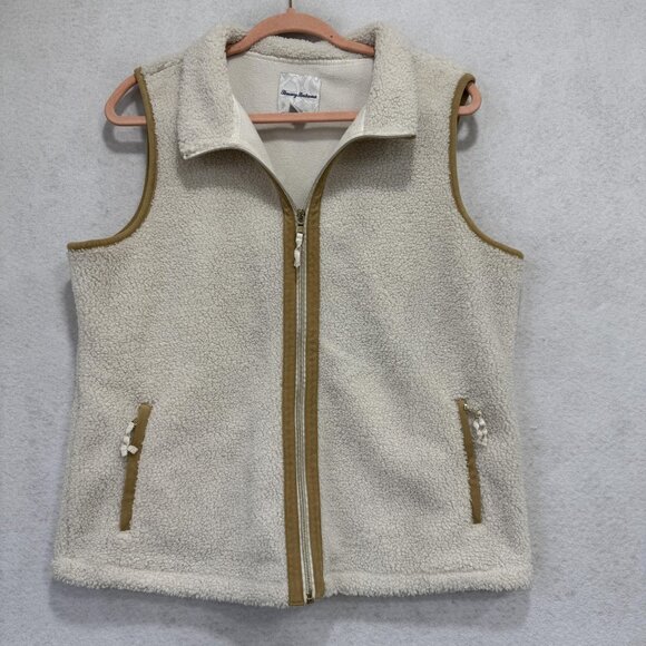 Tommy Bahama Vest Womens Medium Cream Sherpa Fleece Full Zip Tan Trim Pockets - Picture 1 of 9